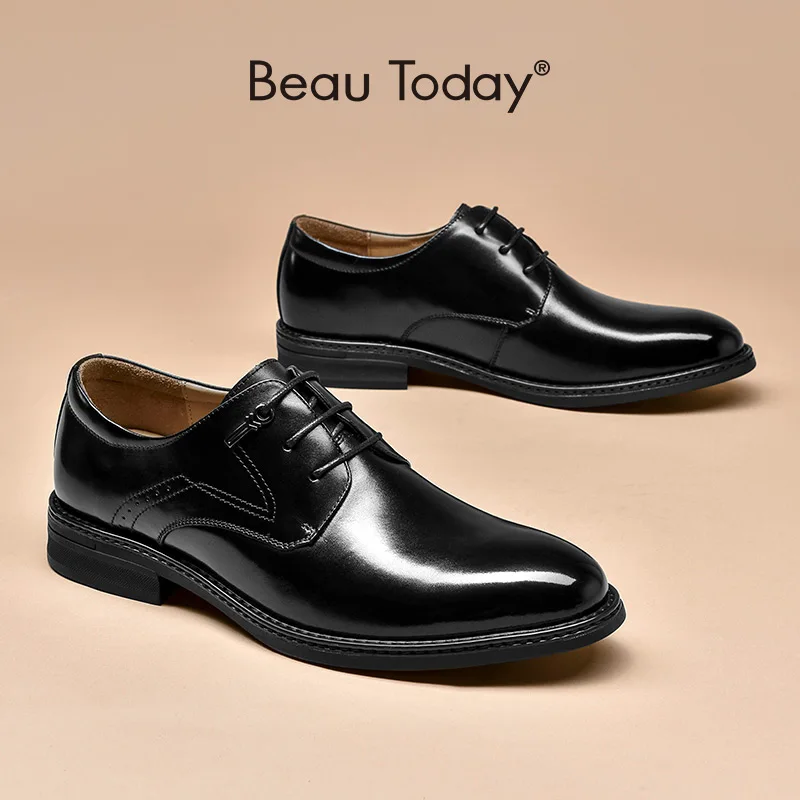 BeauToday Derby Shoes Men Genuine Cow Leather Pointed Toe Fretwork Lace-Up Business Gentlemen Wedding Shoes Handmade 51050