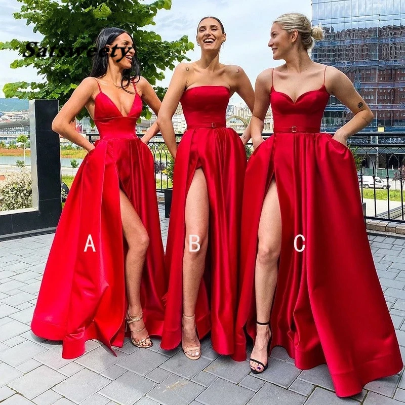 Sexy V Neck Slit Bridesmaid Dresses Spaghetti Strap Backless Pocket Women Long A Line Red Wedding Party Dress Vestidos