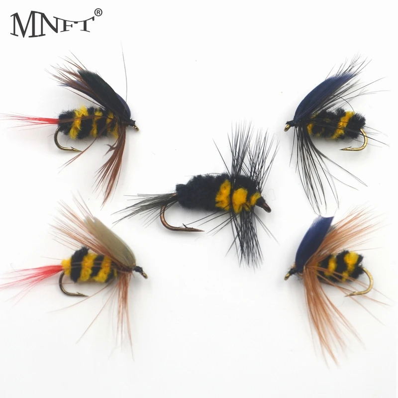 MNFT 30Pcs/Pack 5 different kinds Bumblebee Dry Fly Fishing Flies Artificial Bait Trout  Lures Hooks with Free Box Packing