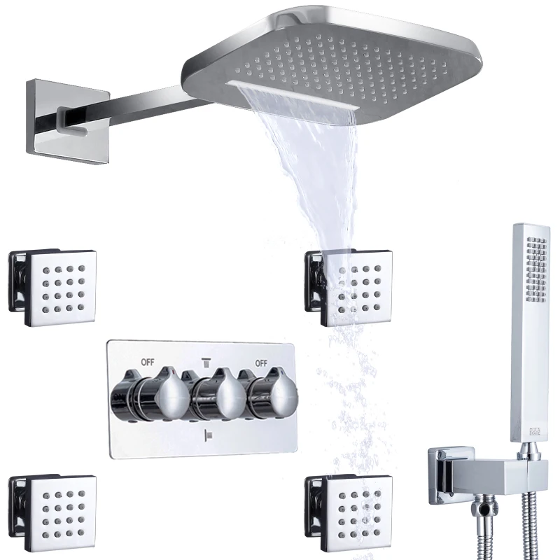 Waterfall And Rain Shower Head With Hand Shower Wall Mounted Shower System Body Message Jets