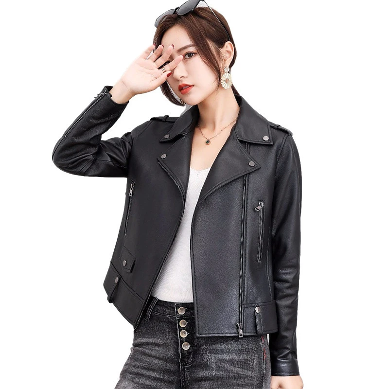 2020 High Quality Sheepskin Short Jacket Women Autumn Winter Genuine Leather Motorcycle Outerwear Black Coats Casual Tops KW226