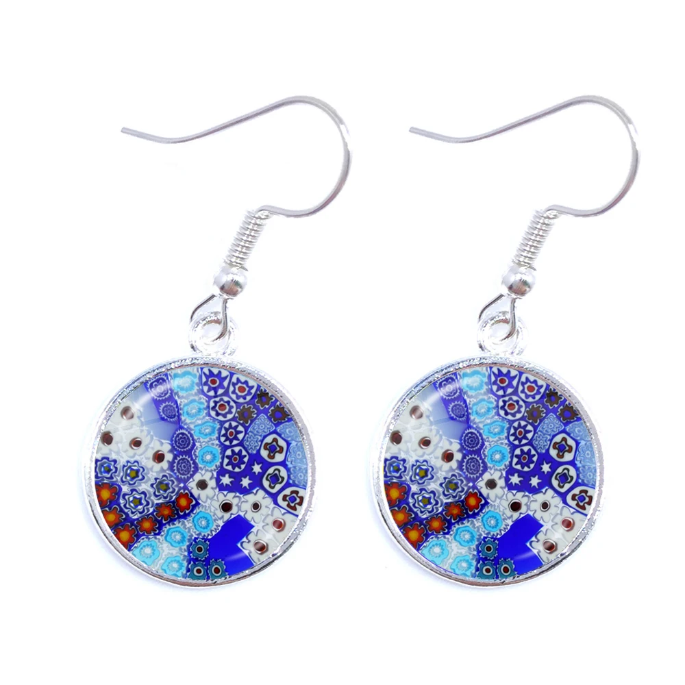 Murano Millefiori Drop Earrings MultiColour Flower 16mm Glass Cabochon Earring Jewelry For Women Girls Gift Wholesale