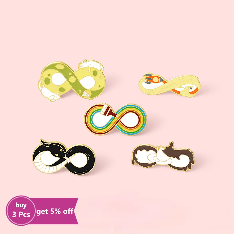 Infinity Symbol Enamel Pins Cheese Coffee Brush Rocket Snake Brooch Lapel Badge Cartoon Jewelry Gift for Kid Friend Wholesale