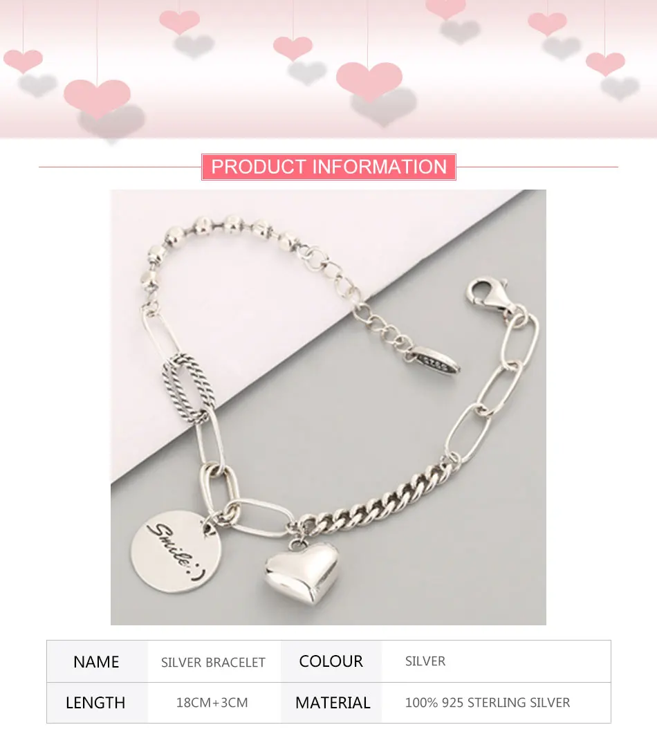 ZDADAN 925 Sterling Silber rundes Herz-Armband mit Gliederkette für Damen, Party-Schmuck, Geschenk – Detail 1