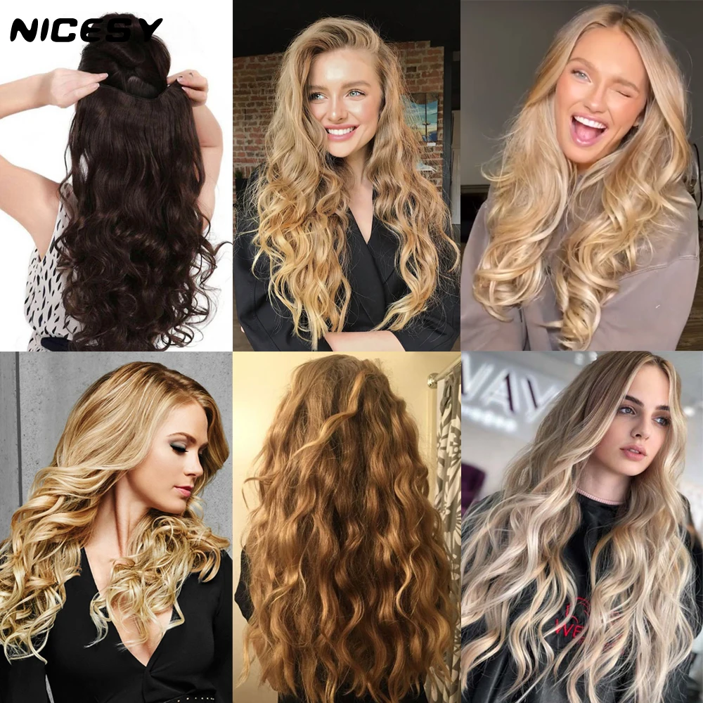 NICESY Synthetic Long Straight Clip In One Piece Hair Extension 5 Clips False Blonde Hair Brown Black Heat Resistant Fake Hair