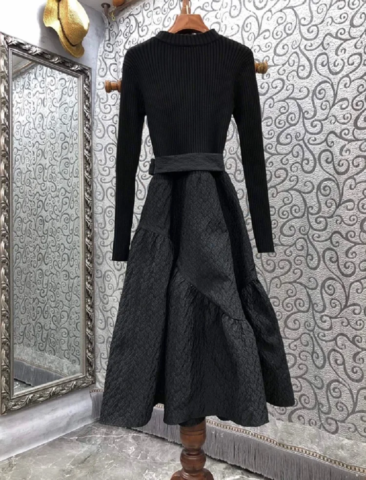 New 2023 Spring Autumn Winter Long Sweater Dress High Quality Women Vintage Jacquard Cotton Knitted Patchwork Long Sleeve Dress