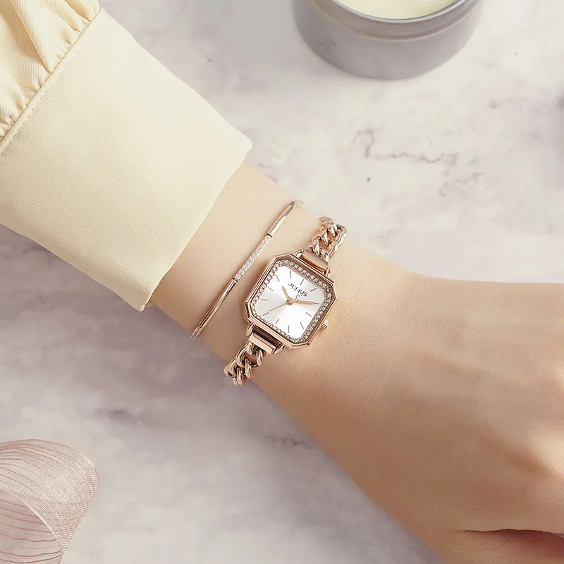 Julius Watch  JA-1292 Women Stainless Steel Bracelet Band Square Face With A Circle Of Crystal Top Brand Luxury Watch