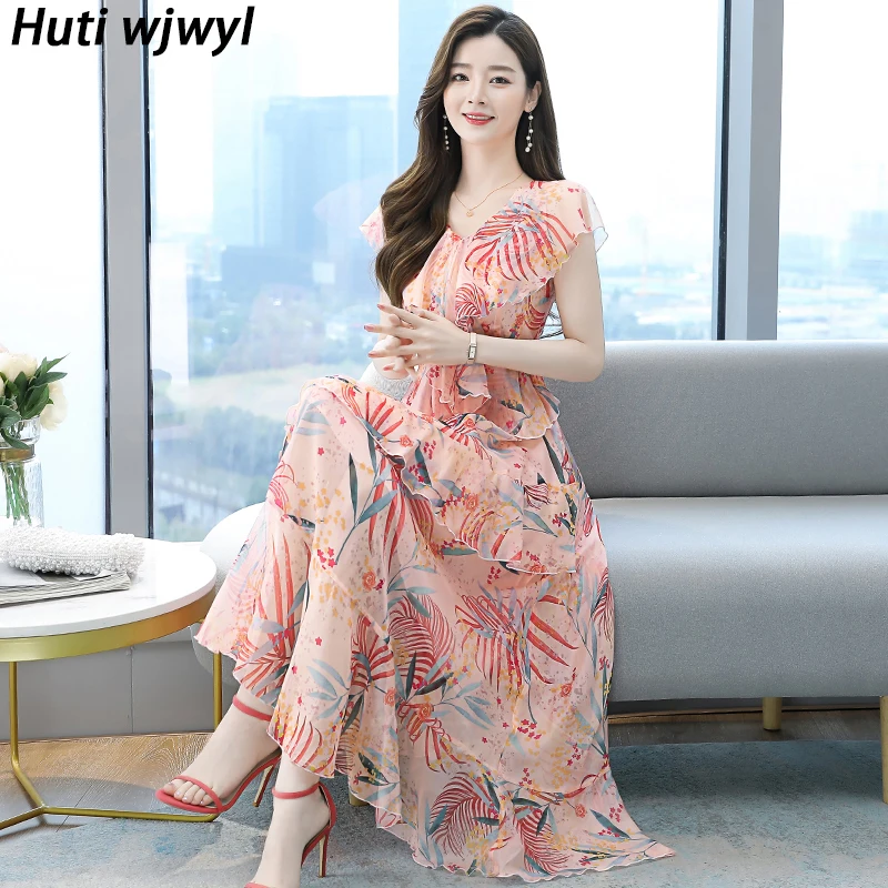 Vintage Pink Sexy Long Sundress Elegant Women Bodycon Party Evening Robe 2024 Spring Summer Floral Chiffon Beach Boho Maxi Dress