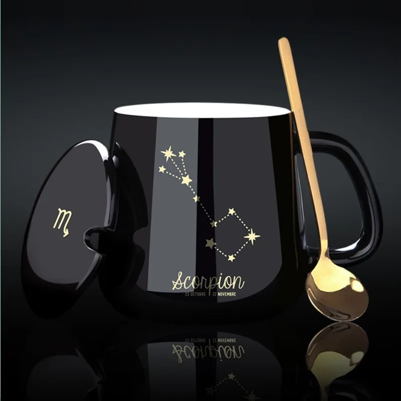 Ceramic Mugs 12 Constellations Creative Mugs With Spoon Lid Black Mug New Bone China Milk Coffee Cup Drinkware Gift Box Tea Mug