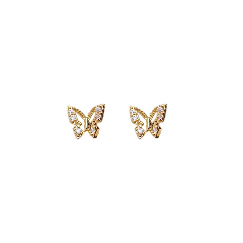 925 Sterling Silver Korean Exquisite Quality Inlaid Crystal Butterfly Stud Earrings Women Classic Daily Jewelry