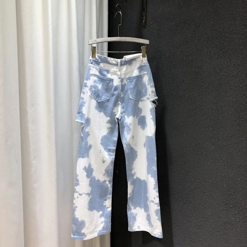 Street High Light Blue Tie Dye Womens Jeans Casual High Waist Loose Straight Trousers Summer Hole Wide Leg Female Denim Pants