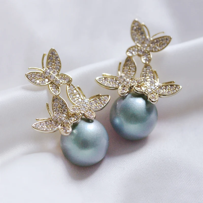 Fashion graceful Gold Three Butterfly shaped Blue Pearl drop Earrings For Women Jewelry