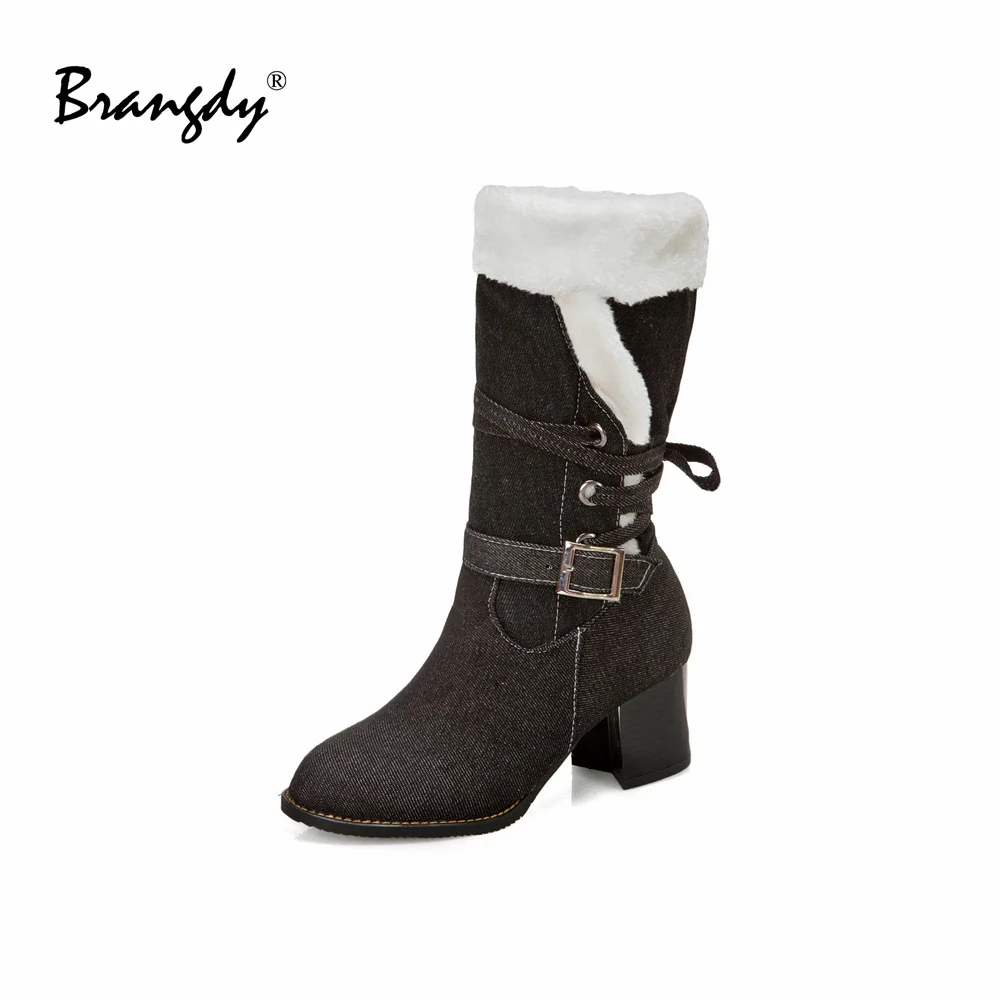 

Brangdy European Women Outdoor Boots Denim Fabric Wool Women Shoes Round Toe Belt Buckle Cross Tied Womens Winter Mid Calf Boots