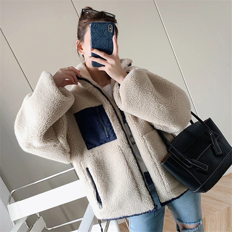 Spring Lambswool Splice Short Jacket Women Long Sleeve High Collar Zipper Furry Warm Teddy Coats Winter Plus Size Clothes Female