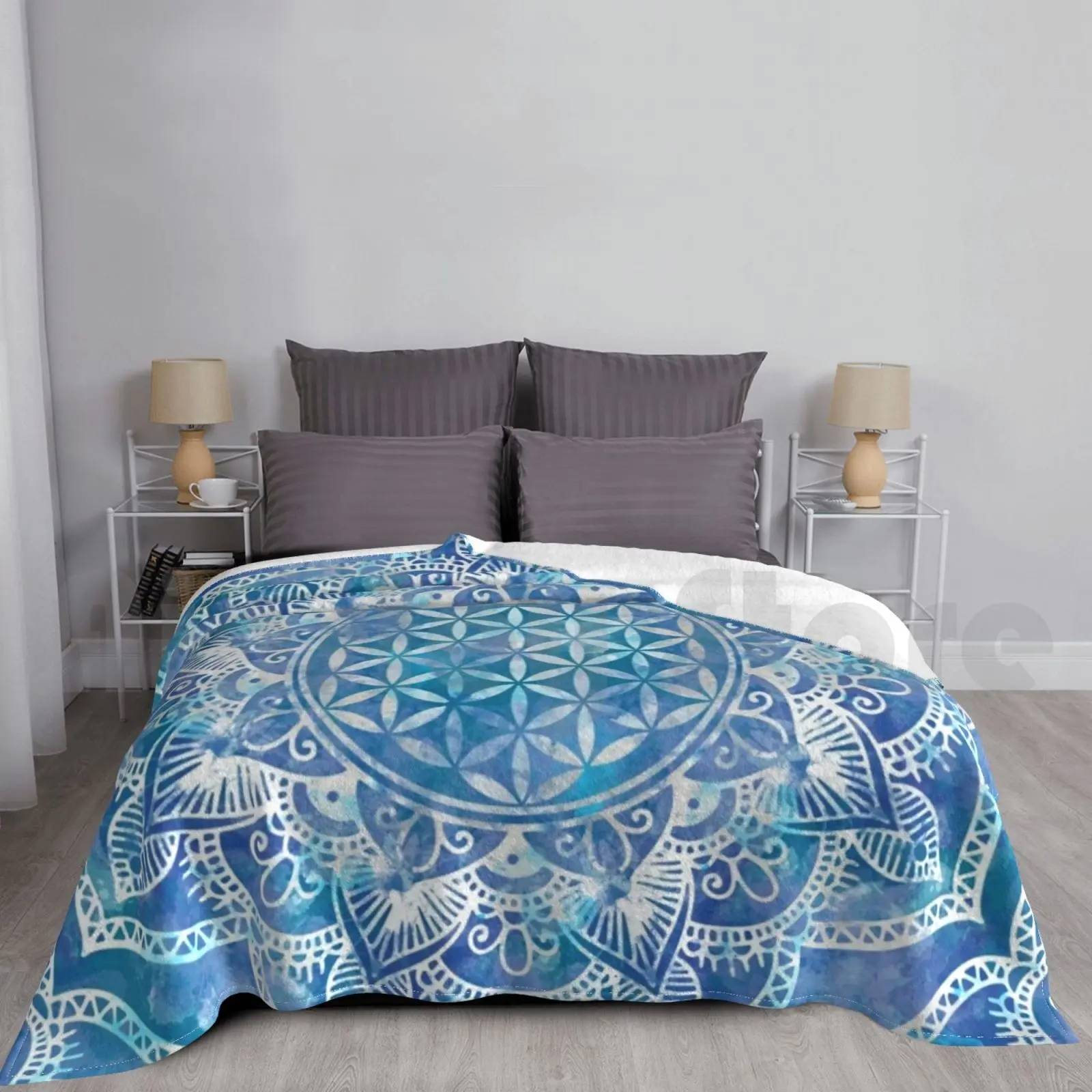Manta azul con flor De la vida en loto, acuarela, para sofá cama, viaje, flor De la vida, Blume Des Lebens Fleur De