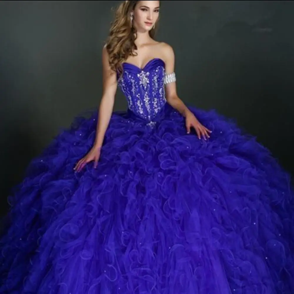 Ruffled Ball Gown 로얄 블루 Quinceanera Dresses 2016 코르셋 백 미인 대회 15 년 드레스 vestido de debutante