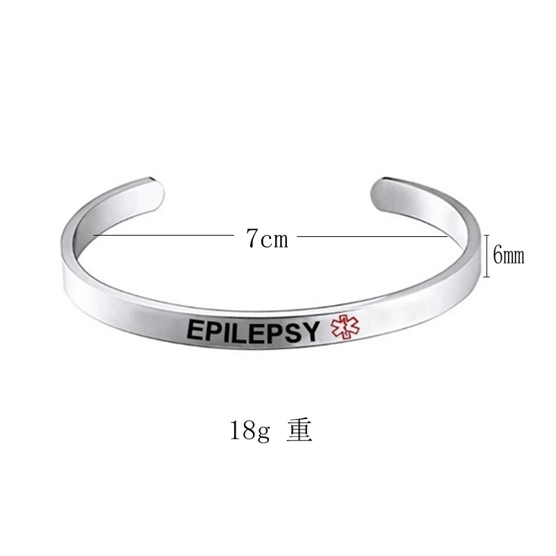 Red Medical Alert Cuff Bracelet EPILEPSY DIABETES SOS Open Bangles Slim Stainless Steel Bangle Jewelry