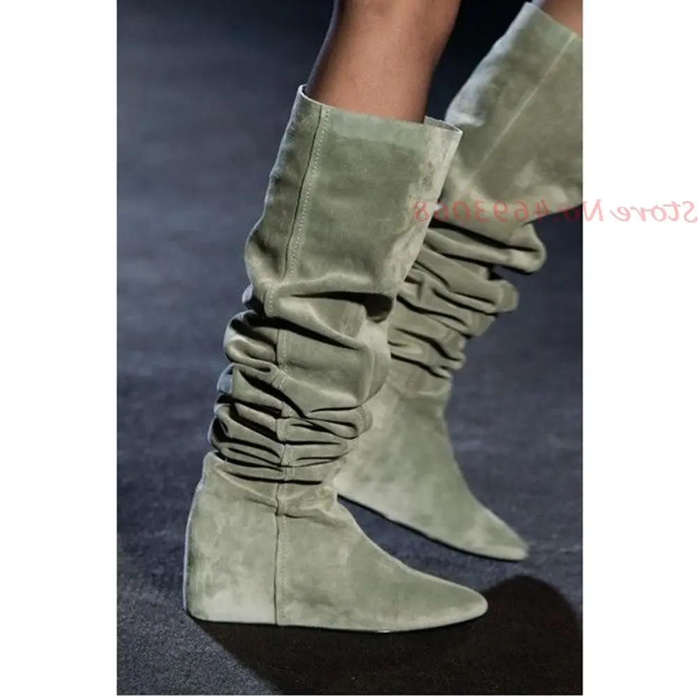 Pleated Wedge Knee High Boots Women Catwalks Sexy Slip On High Chunky Heel Suede Boot Pointed Toe Fashion Ladies Casual Shoes