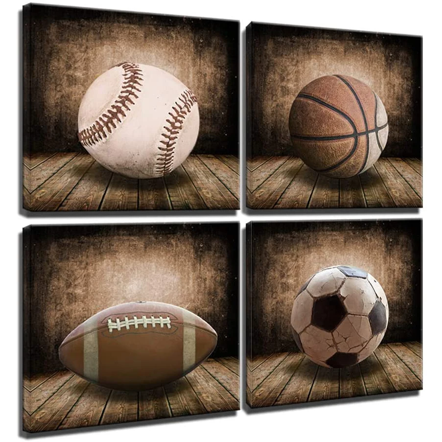 

4 шт. деревенский Футбол Баскетбол регби Бейсбол плакаты картины на холсте настенное искусство домашний декор картины для детей подарок украшения