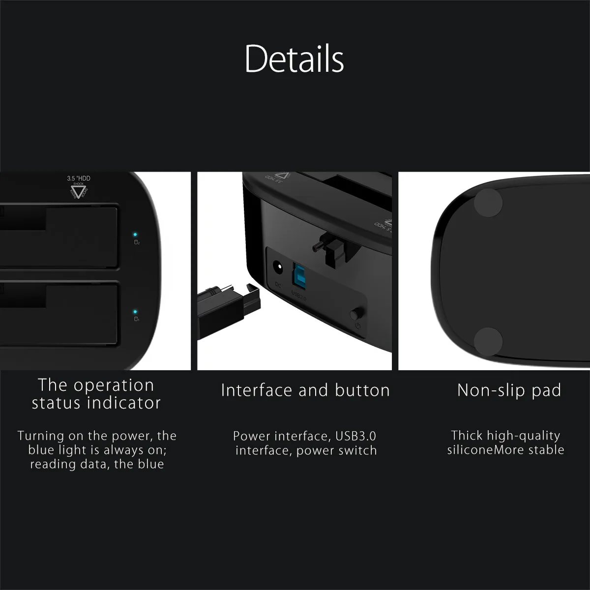 ORICO Dual-Bay HDD-Dockingstation USB 3.0 USB-C für 2,5/3,5 Zoll SATA-Festplatten Werkzeuglos für PC mit 12V/3A Netzteil – Detail 5