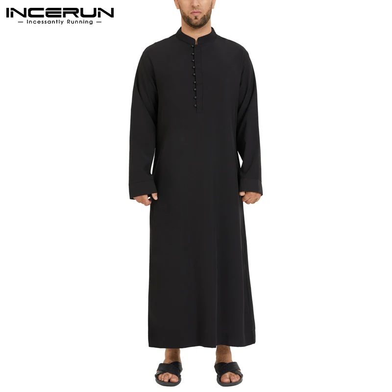 Muslim Men Jubba Thobe Long Sleeve Solid Color Breathable Robes 2023 Stand Collar Islamic Arabic Kaftan Men Abaya S-5XL INCERUN