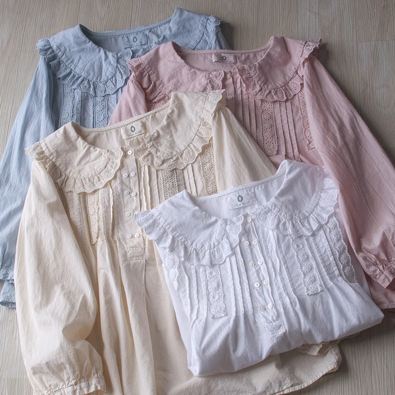 TIYIHAILEY Free Shipping 2021 New Spring Autumn Cotton Tops Women Tees White Japan Style Loose Embroidery Turn Down Collar