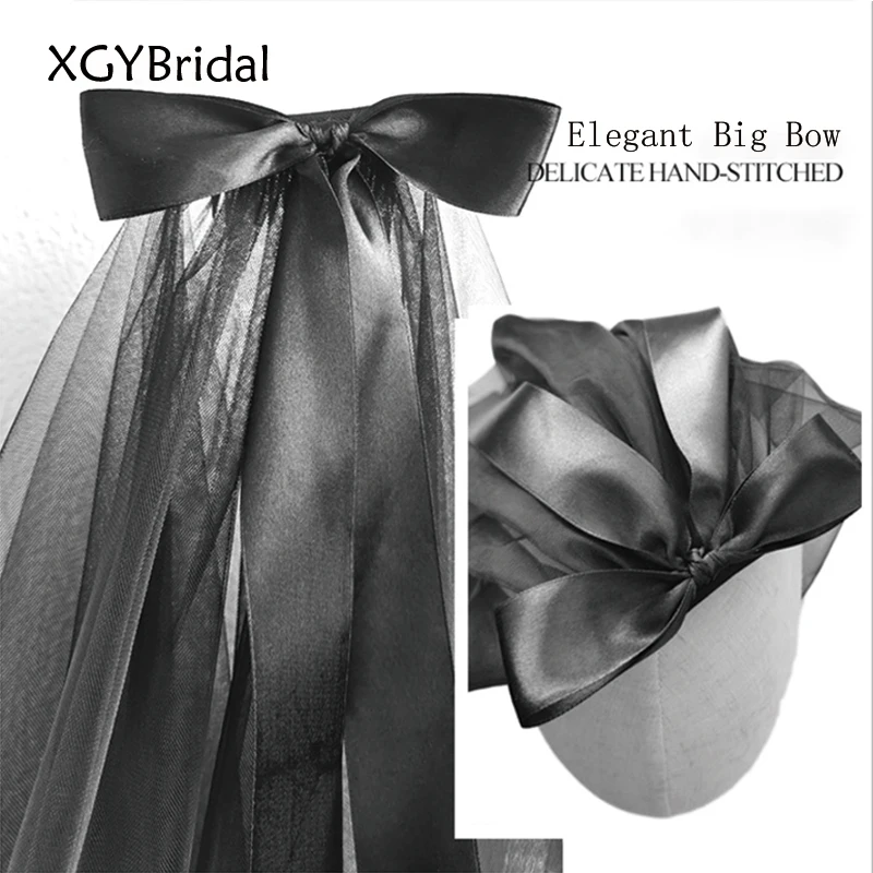 Big Bow Black Bridal Veils Short Ribbon Streamer Retro Dark Halloween Party Wedding Accessories With Hair Comb