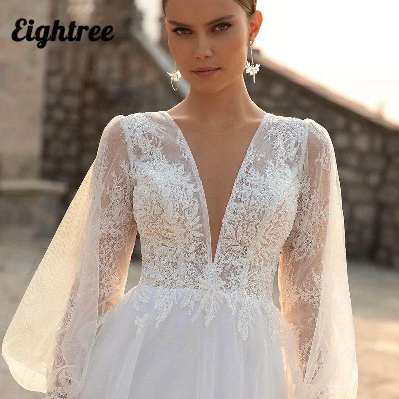 Eightree White Wedding Dresses V-neck Appliques Bridal Dress Elegant Puff Sleeve Tulle A-Line Princess Wedding Gowns Plus Size