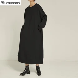 Loose Black Gray Autumn Spring Dress Cotton Plus Size 7xl 6xl 5xl 43xxl Long Sleeve Casual Maxi Dresses For Women With Pockets