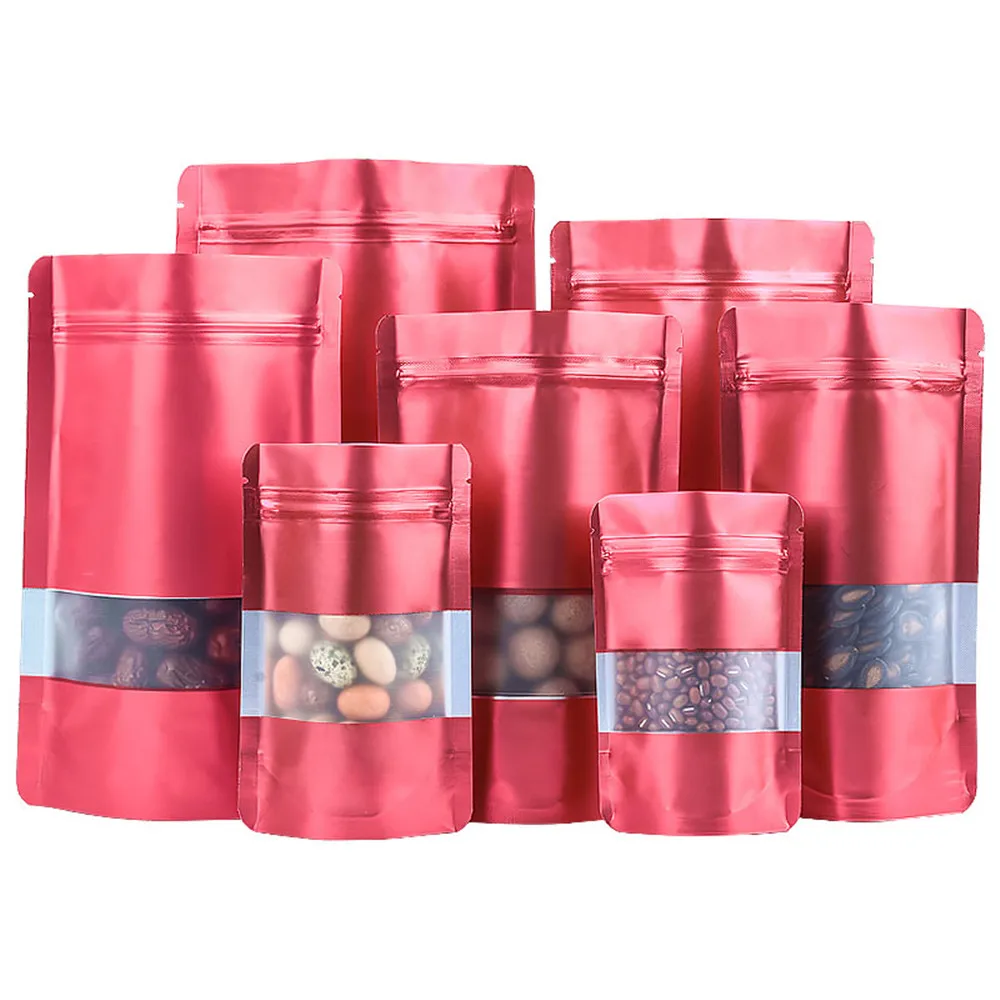 

100Pcs/lot Matte Red Stand Up Aluminum Foil Window Bag Bulk Food Storage Reusable Mylar Packaging Doypack Zipper Bags