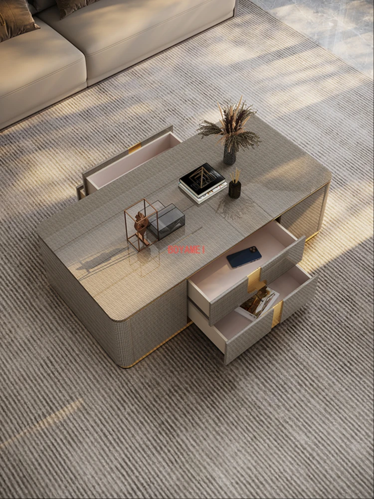 Light luxury simple tea table TV cabinet combination living room household modern solid wood custom marble tea table