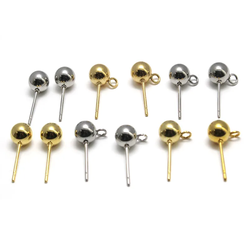 20pcs Hypoallergenic Stainless Steel 3 4 5 6 8mm Gold Round Ball Earrings Stud Post Connectors with Loop for DIY Jewelry Making