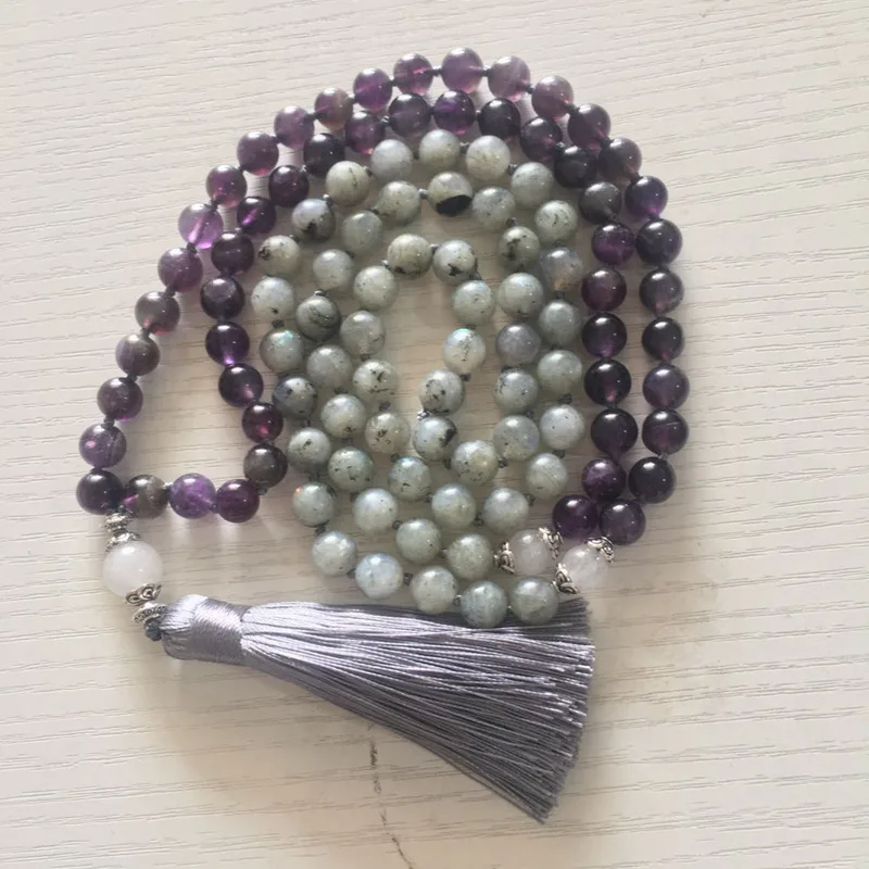 

8MM Moonstone Amethyst 108 Pearl Mara Necklace Knotted with Tassels Gemstone tassel Meditation cuff energy MONK mala natural Men