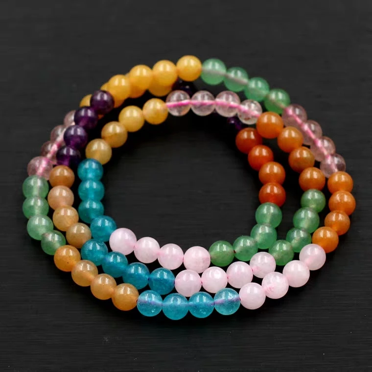Natural Different Mixed Rainbow Lapis Chalcedony Amazonite Rose Quartz Agate Amber 3 Laps Round Beads Bracelet AAAAA