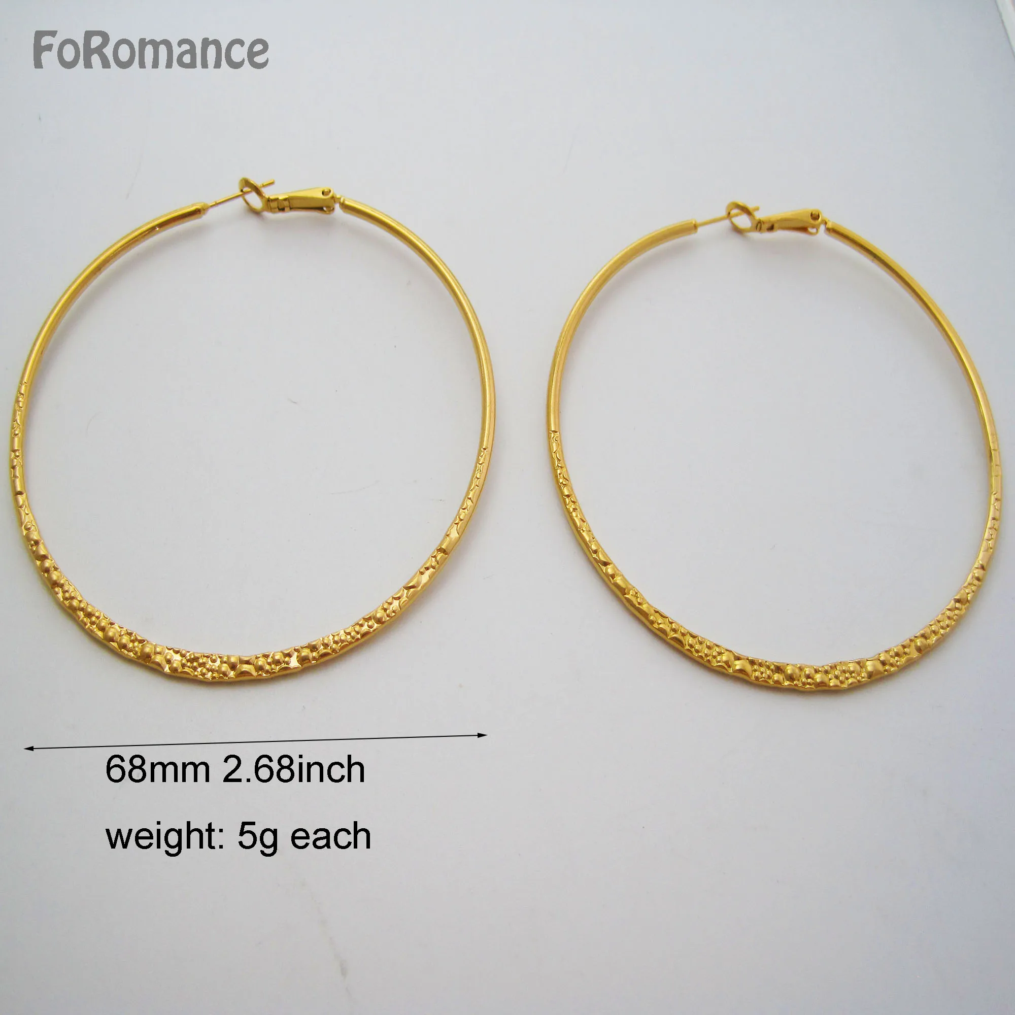 PLAIN BAR WITH BUBBLE HIGH SHINING YELLOW GOLD COLOR ROUND HOOP EARRING DIAMETER 68MM 2.68 INCH