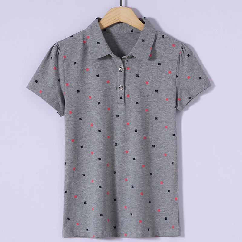 Cotton T Shirts for Women Slim Fit Printed Short Sleeve Collar Top - Gray