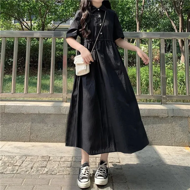 

Big Size Black Maxi Shirt Dress Women Vestidos do Mujer New Summer Short Sleeve Turn-down Collar Draw String Button Long Dresses