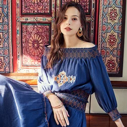 ARTKA 2020 Spring New Women's Blouse Vintage Indie Folk Embroidery Blouse Off Shoulder Top Shirt Skirt Set Long Skirt SA20408C