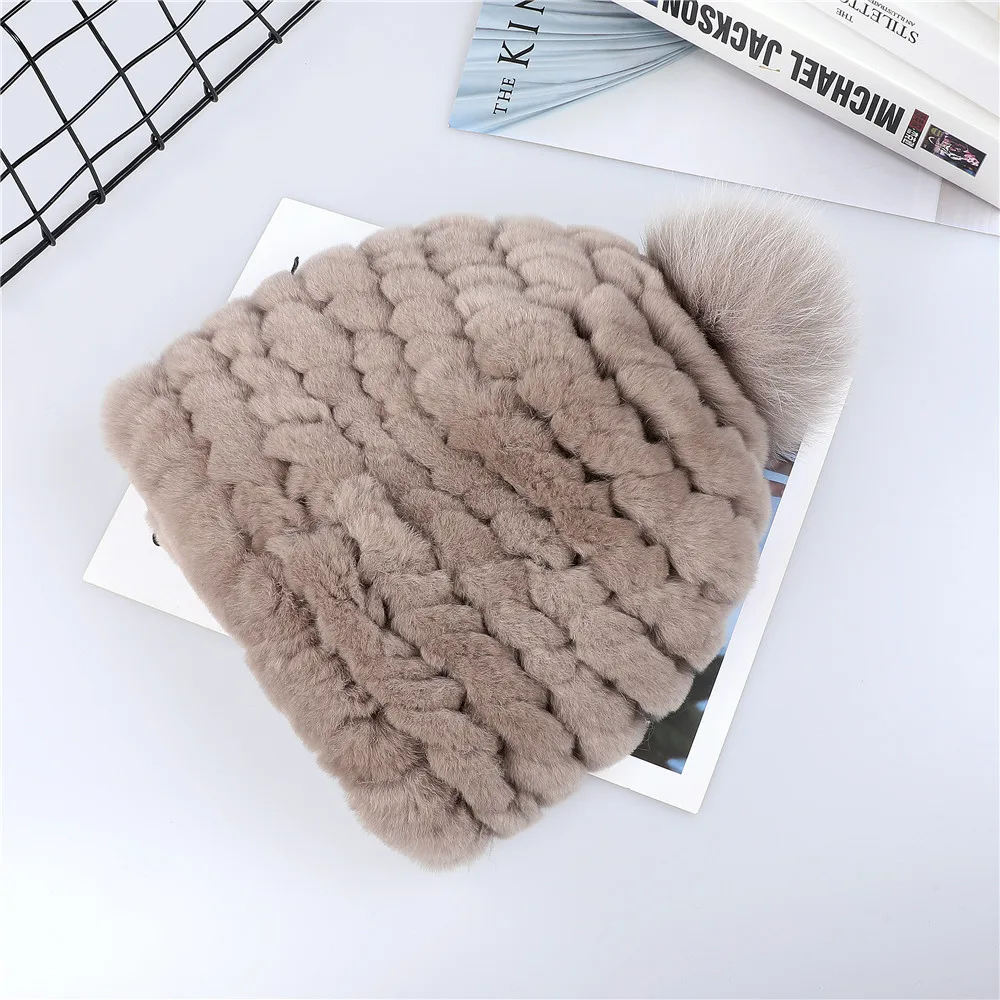 European Station Luxury Women's Real Rex Rabbit Fur Beanie Hats Lady Winter Warm Bucket Cap With Fox Fur Pom Poms Solid Color