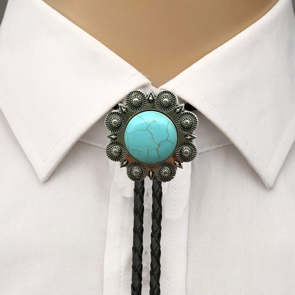 

Round shape turquoise bolo tie for men western cowboy for man slides set clasp necktie