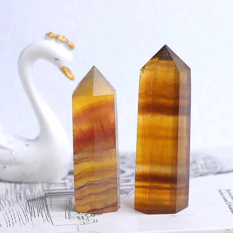 Natural Crystal Striped Fluorite Healing Obelisk Magic Point Health Energy Gem Hexagonal Ornament Yellow Fluorite Crystal Column