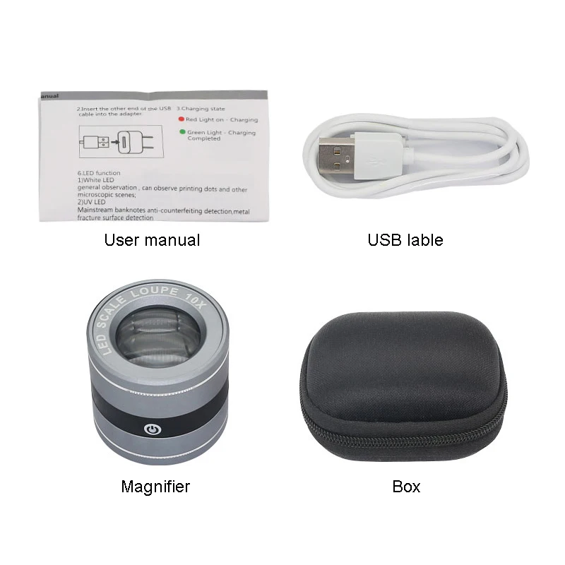 Portable 10X Table Magnifying Glass USB Rechargeable Magnifier LED UV Light Loupe with Scale Measurement f/ Reading Appreciation