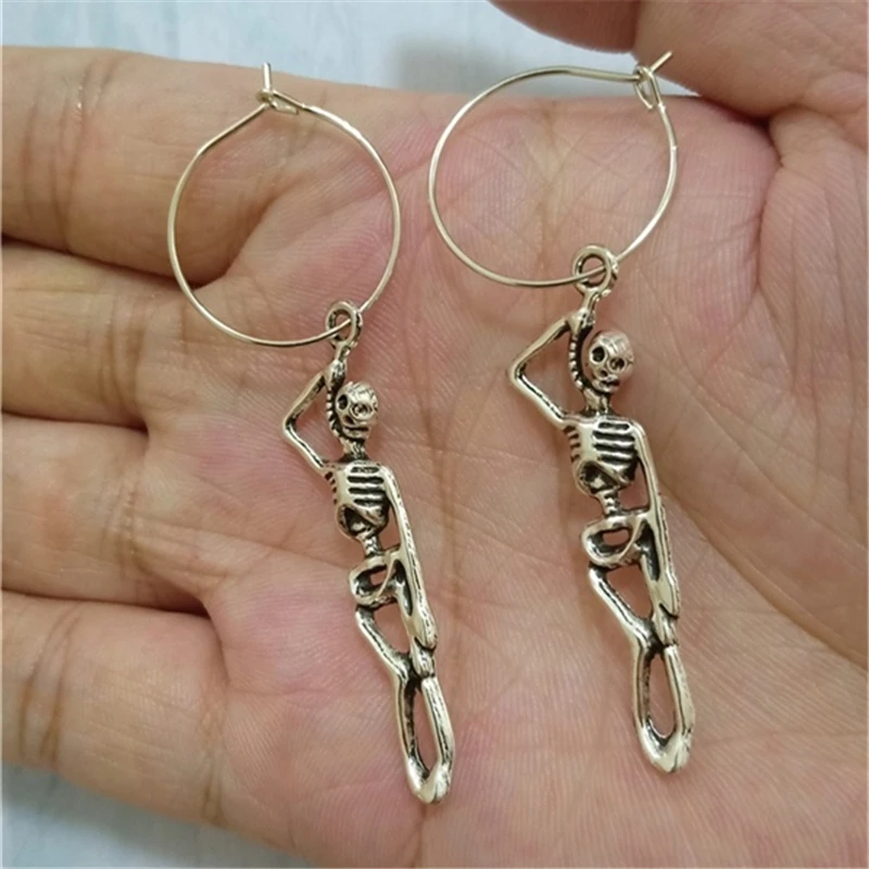 Skeleton 20mm Hoop Earrings, Small Everyday Earrings, Creative Jewelry, Punk Jewelry, Novelty Skeleton Dangle Hoop Earrings