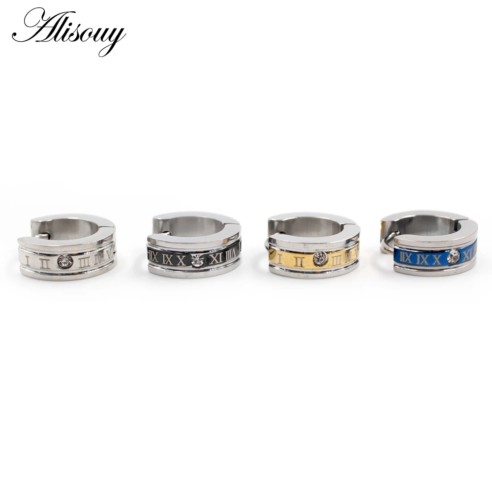 Alisouy 2pcs Inlay Crystal CZ Roman Numerals Huggies Ear Earring Stainless Steel Women Men Circle Hoop Earrings Piercing Jewelry