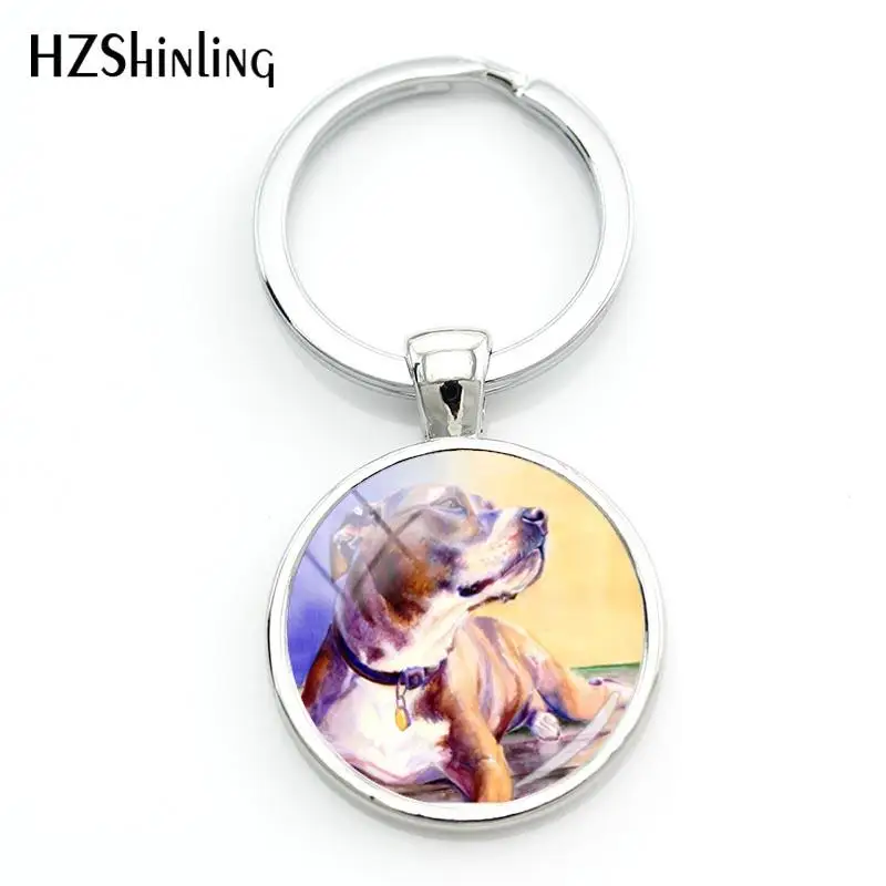 Fashion Pit Bull Dog Keyring Pitbull Keychain Glass Dome Key Chains Hot Round Hand craft Keyrings For A Woman Bag