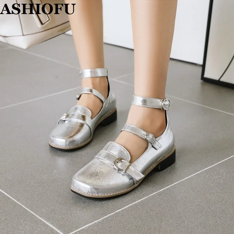 ASHIOFU Handmade Womens Blocked Heels Pumps Three Buckle Strap Vintage Casual Shoes Daily Wear School Fashion Large Size Shoes