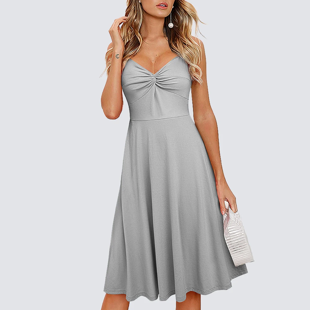 Women Summer Sexy Low Cut Spaghetti Strap Dresses with Pockets Casual Holiday Flare Dress HA268