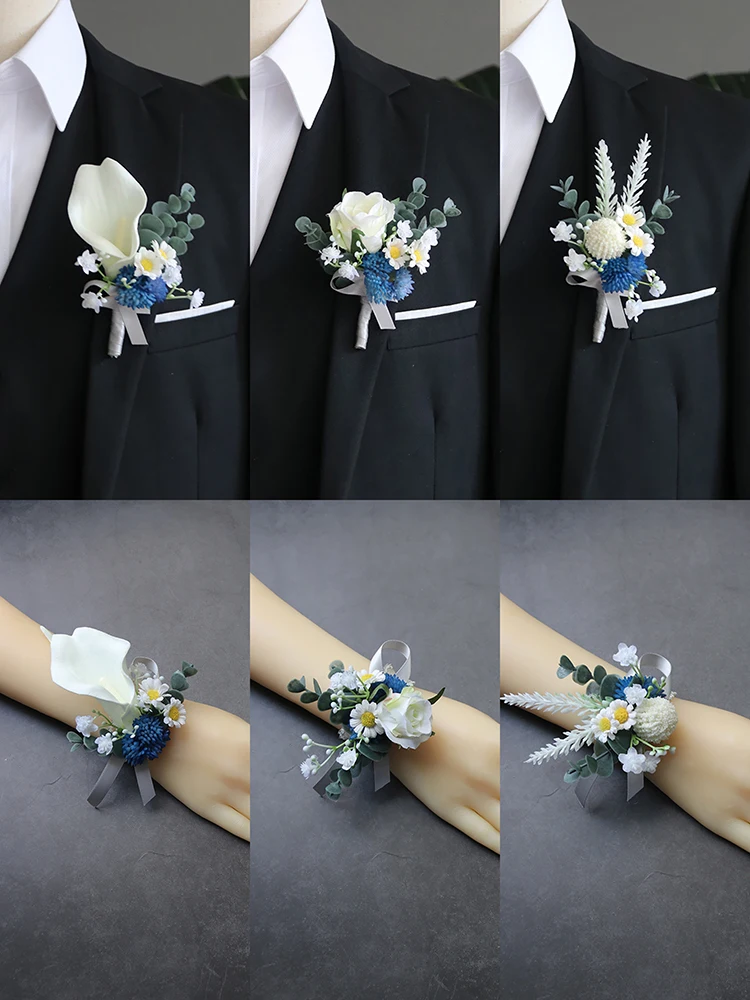 Gt corsage casamento boutonnieres rosas azul pulseira de seda flores noivo homem terno broche pinos acessórios casamento