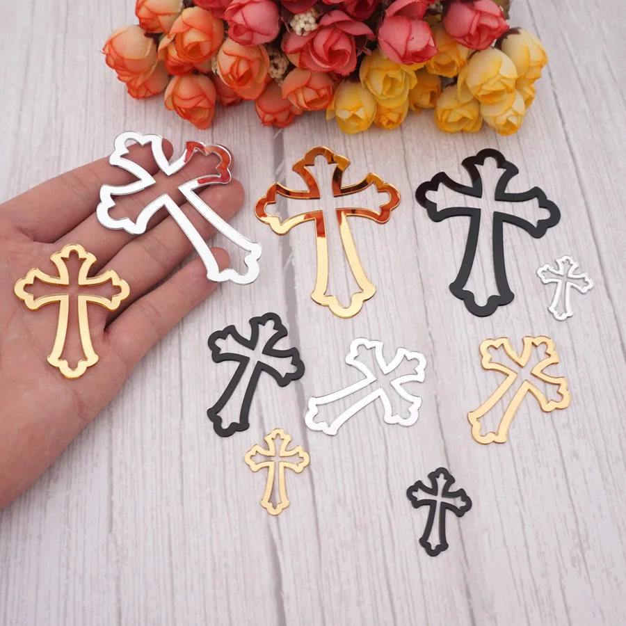 50 sztuk/partia 8cm/5cm/3cm wysokość drążą cięcie lustrzany kształt krzyża akrylowa naklejka DIY chrzciny dekoracja wnętrz
