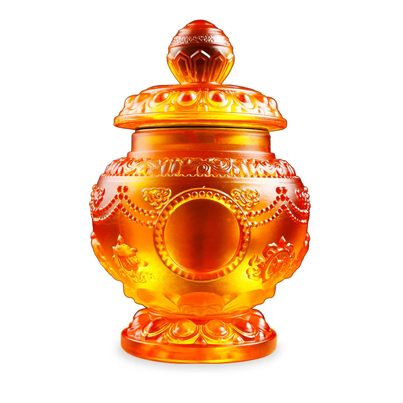 13cm Eight Auspicious Symbol Resin Tibetan Tranic Lotus Base Moni Treasured Wealth Putting Decorate Bottle